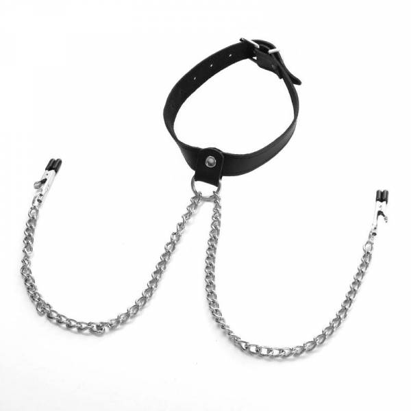 COLLIER CUIR NOIR + PINCES A SEINS