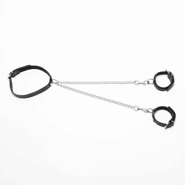 COLLIER + MENOTTES CUIR NOIR + CHAINES