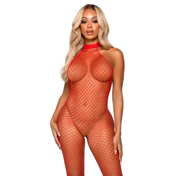 BODYSTOCKING RÉSILLE COL + DOS NU ROUGE