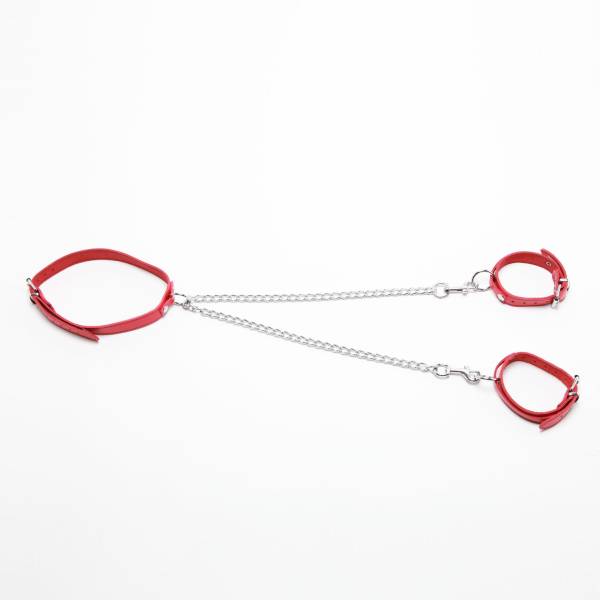 COLLIER + MENOTTES CUIR ROUGE + CHAINES